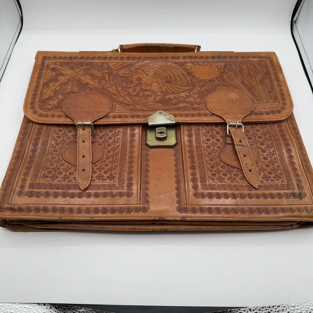 Vintage House of Uppenheim Tooled Leather Briefcase Brown Aztec Eagle Mexico Bag
